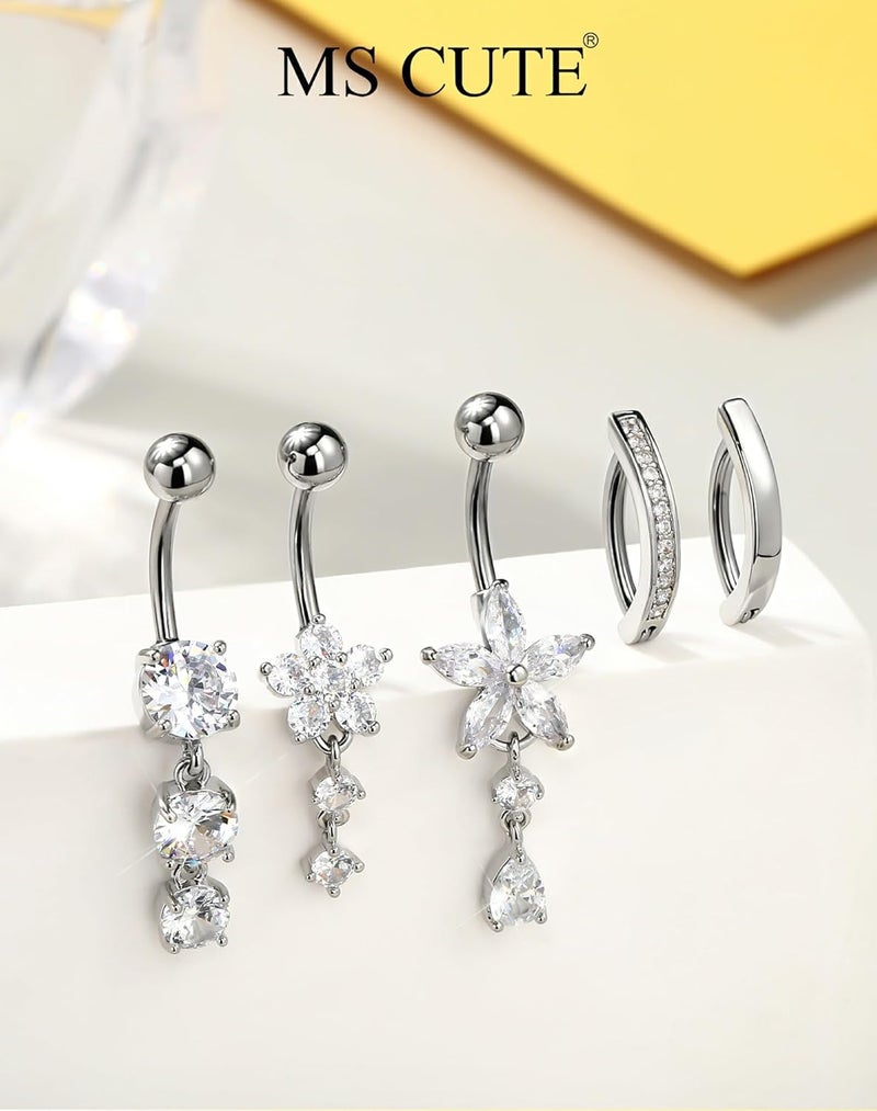MS CUTE 5PCS Belly Button Rings for Women 14G Dangle Navel Piercing Jewelry Set Surgical Stainless Steel Body Jewelry with CZ Butterfly Flower Teardrop Barbell for Beach Festival Daily - Image 5